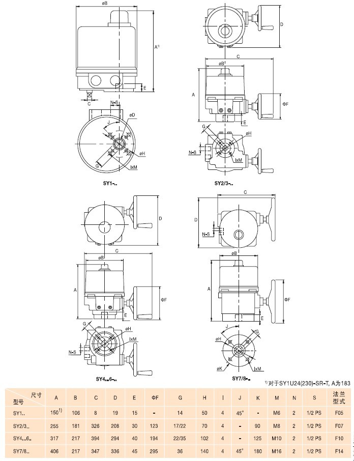 SY12U230-MF-T电动调节执行器尺寸图