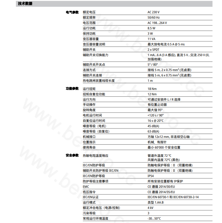 弹簧式复位型执行器结合 BAT 热电跳闸装置
(72℃),用于通风和空气调节系统中的 90° 防
火和防烟风阀。